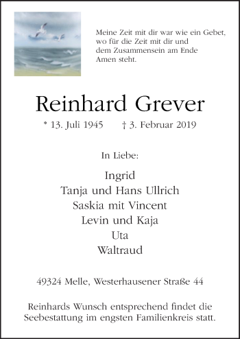 Traueranzeige von Reinhard Grever von Neue Osnabrücker Zeitung GmbH & Co. KG