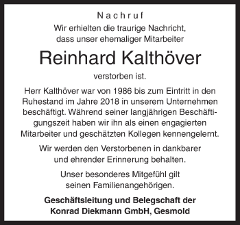 Traueranzeige von Reinhard Kalthöver von Neue Osnabrücker Zeitung GmbH & Co. KG