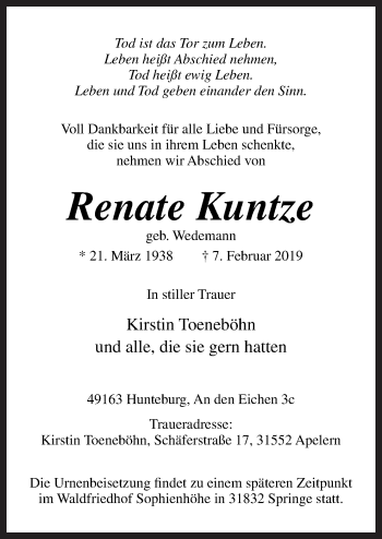 Traueranzeige von Renate Kuntze von Neue Osnabrücker Zeitung GmbH & Co. KG