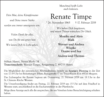 Traueranzeige von Renate Timpe von Neue Osnabrücker Zeitung GmbH & Co. KG