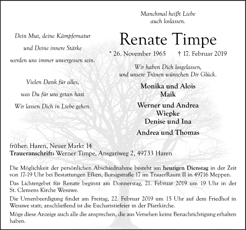  Traueranzeige für Renate Timpe vom 19.02.2019 aus Neue Osnabrücker Zeitung GmbH & Co. KG