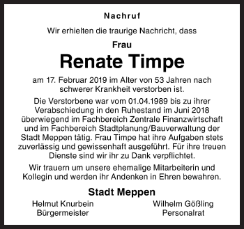 Traueranzeige von Renate Timpe von Neue Osnabrücker Zeitung GmbH & Co. KG