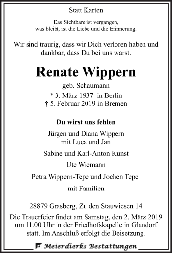 Traueranzeige von Renate Wippern von Neue Osnabrücker Zeitung GmbH & Co. KG