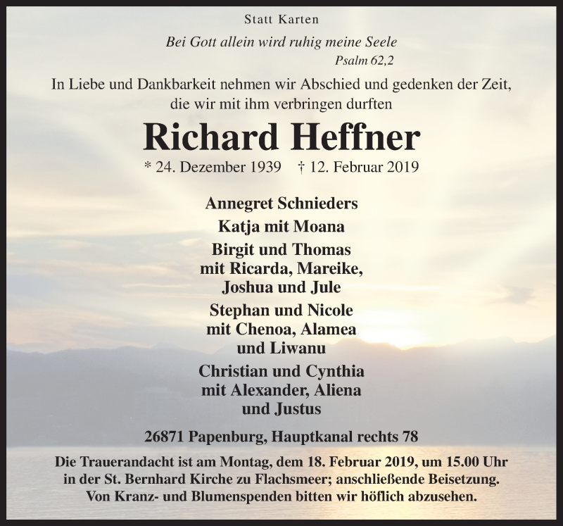  Traueranzeige für Richard Heffner vom 14.02.2019 aus Neue Osnabrücker Zeitung GmbH & Co. KG