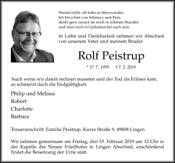 Traueranzeige von Rolf Peistrup von Neue Osnabrücker Zeitung GmbH & Co. KG
