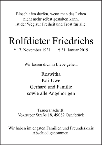 Traueranzeige von Rolfdieter Friedrichs von Neue Osnabrücker Zeitung GmbH & Co. KG
