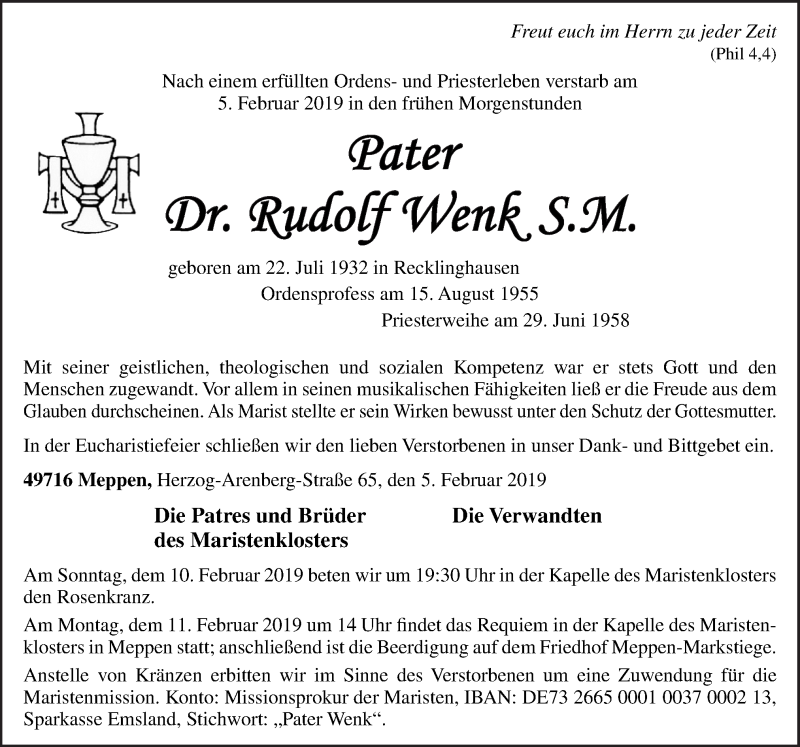  Traueranzeige für Rudolf Wenk vom 08.02.2019 aus Neue Osnabrücker Zeitung GmbH & Co. KG