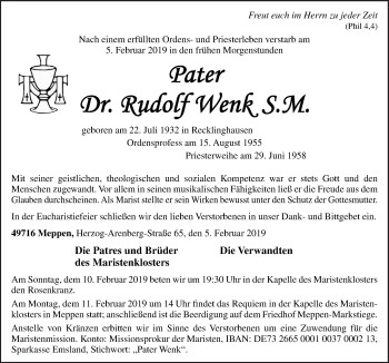 Traueranzeige von Rudolf Wenk von Neue Osnabrücker Zeitung GmbH & Co. KG