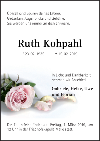 Traueranzeige von Ruth Kohpahl von Neue Osnabrücker Zeitung GmbH & Co. KG