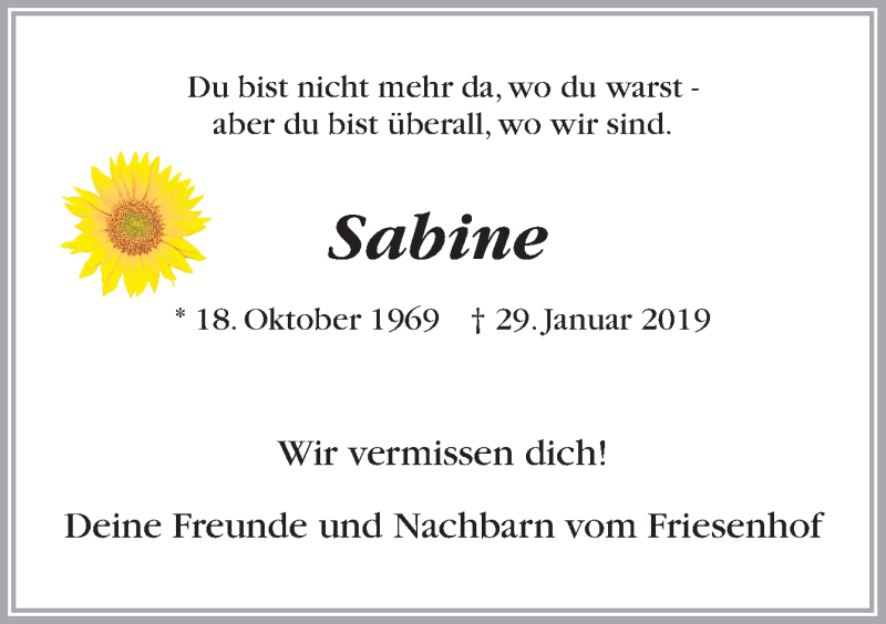  Traueranzeige für Sabine Büsing-Markhardt vom 09.02.2019 aus Neue Osnabrücker Zeitung GmbH & Co. KG