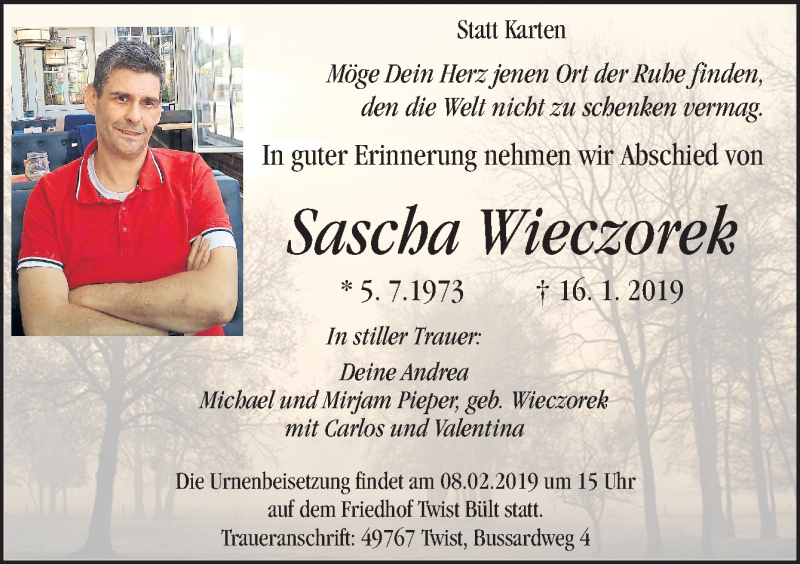  Traueranzeige für Sascha Wieczorek vom 02.02.2019 aus Neue Osnabrücker Zeitung GmbH & Co. KG