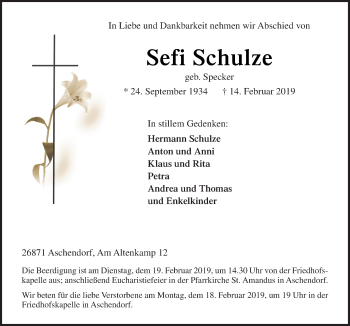 Traueranzeige von Sefi Schulze von Neue Osnabrücker Zeitung GmbH & Co. KG