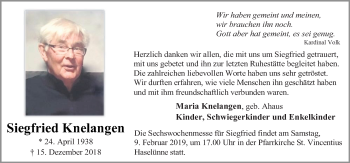 Traueranzeige von Siegfried Knelangen von Neue Osnabrücker Zeitung GmbH & Co. KG