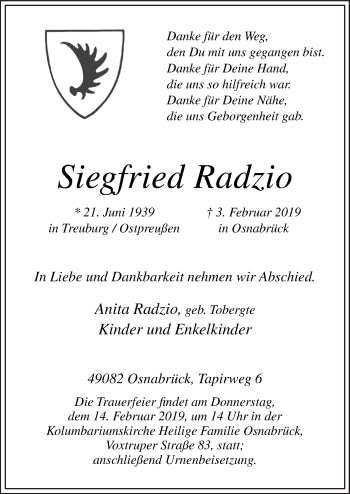 Traueranzeige von Siegfried Radzio von Neue Osnabrücker Zeitung GmbH & Co. KG