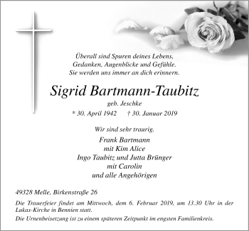 Traueranzeige von Sigrid Bartmann-Taubitz von Neue Osnabrücker Zeitung GmbH & Co. KG