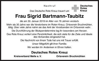 Traueranzeige von Sigrid Bartmann-Taubitz von Neue Osnabrücker Zeitung GmbH & Co. KG