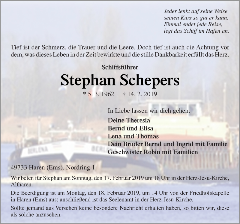  Traueranzeige für Stephan Schepers vom 16.02.2019 aus Neue Osnabrücker Zeitung GmbH & Co. KG