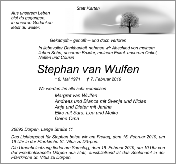 Traueranzeige von Stephan van Wulfen von Neue Osnabrücker Zeitung GmbH & Co. KG