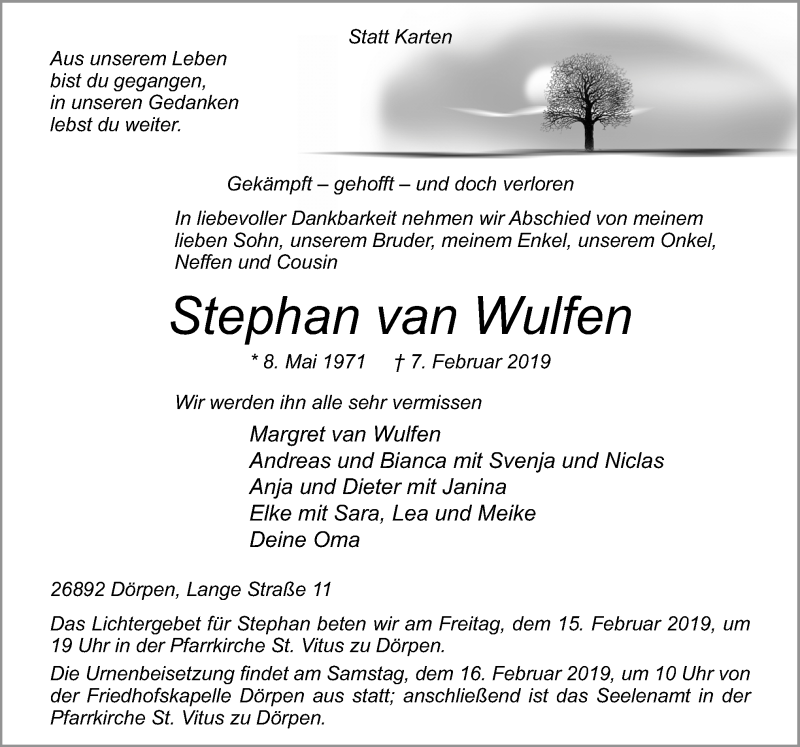  Traueranzeige für Stephan van Wulfen vom 09.02.2019 aus Neue Osnabrücker Zeitung GmbH & Co. KG