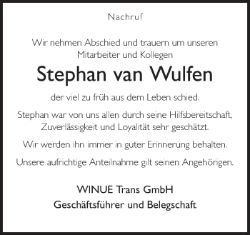 Traueranzeige von Stephan van Wulfen von Neue Osnabrücker Zeitung GmbH & Co. KG