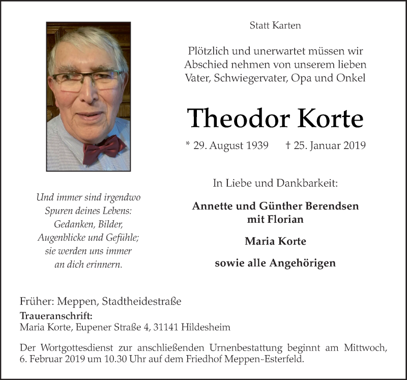  Traueranzeige für Theodor Korte vom 02.02.2019 aus Neue Osnabrücker Zeitung GmbH & Co. KG