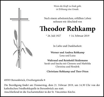 Traueranzeige von Theodor Rehkamp von Neue Osnabrücker Zeitung GmbH & Co. KG