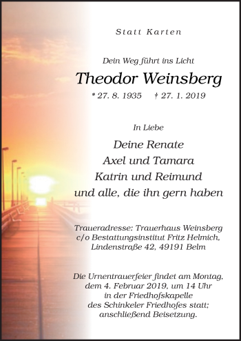 Traueranzeige von Theodor Weinsberg von Neue Osnabrücker Zeitung GmbH & Co. KG