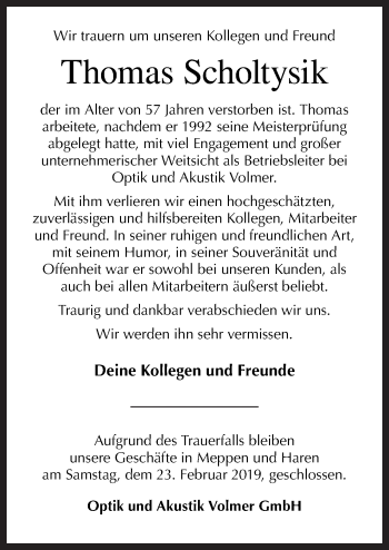 Traueranzeige von Thomas Scholtysik von Neue Osnabrücker Zeitung GmbH & Co. KG