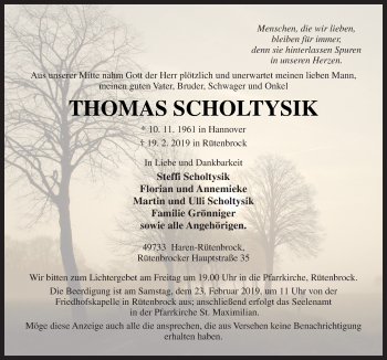 Traueranzeige von Thomas Scholtysik von Neue Osnabrücker Zeitung GmbH & Co. KG