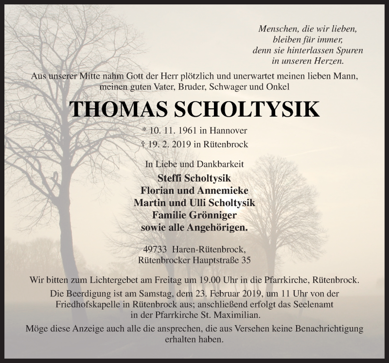  Traueranzeige für Thomas Scholtysik vom 21.02.2019 aus Neue Osnabrücker Zeitung GmbH & Co. KG