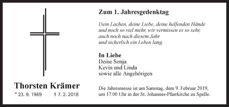  Traueranzeige für Thorsten Krämer vom 07.02.2019 aus Neue Osnabrücker Zeitung GmbH & Co. KG