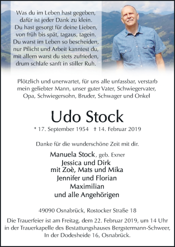 Traueranzeige von Udo Stock von Neue Osnabrücker Zeitung GmbH & Co. KG
