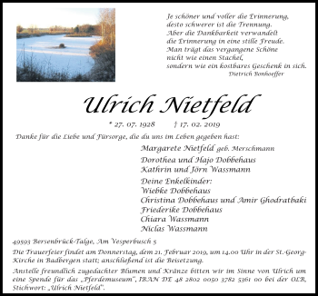 Traueranzeige von Ulrich Nietfeld von Neue Osnabrücker Zeitung GmbH & Co. KG