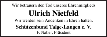 Traueranzeige von Ulrich Nietfeld von Neue Osnabrücker Zeitung GmbH & Co. KG
