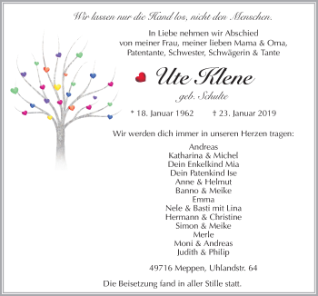 Traueranzeige von Ute Klene von Neue Osnabrücker Zeitung GmbH & Co. KG