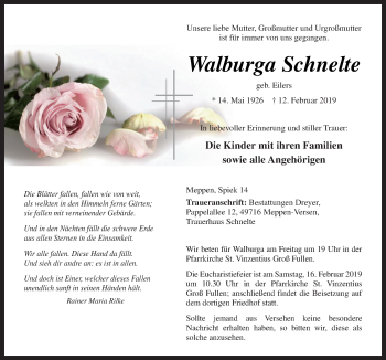 Traueranzeige von Walburga Schnelte von Neue Osnabrücker Zeitung GmbH & Co. KG