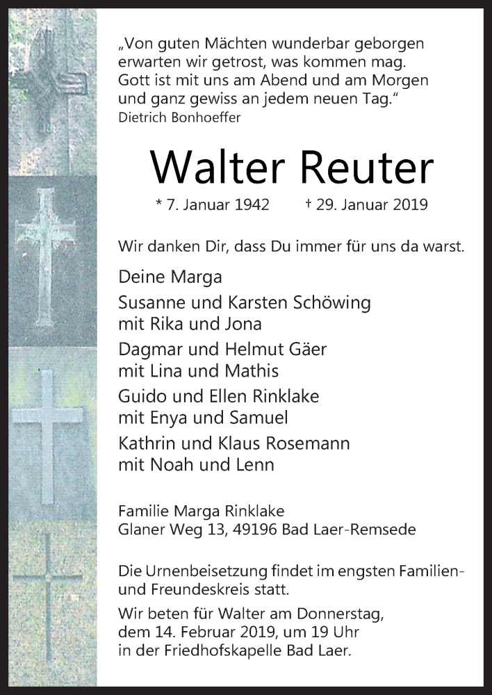  Traueranzeige für Walter Reuter vom 02.02.2019 aus Neue Osnabrücker Zeitung GmbH & Co. KG
