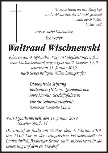 Traueranzeige von Waltraud Wischnewski von Neue Osnabrücker Zeitung GmbH & Co. KG