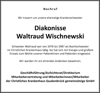 Traueranzeige von Waltraud Wischnewski von Neue Osnabrücker Zeitung GmbH & Co. KG