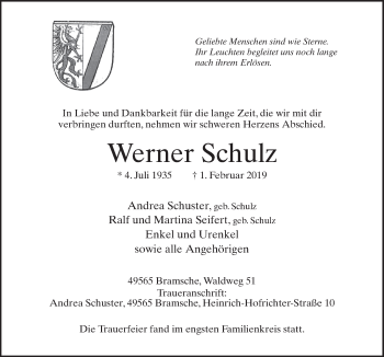 Traueranzeige von Werner Schulz von Neue Osnabrücker Zeitung GmbH & Co. KG