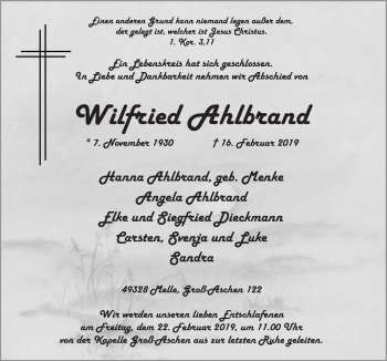 Traueranzeige von Wilfried Ahlbrand von Neue Osnabrücker Zeitung GmbH & Co. KG