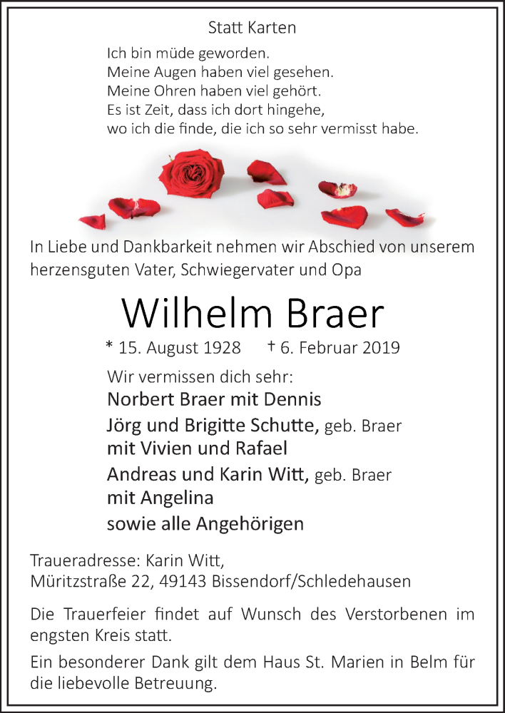  Traueranzeige für Wilhelm Braer vom 09.02.2019 aus Neue Osnabrücker Zeitung GmbH & Co. KG