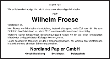 Traueranzeige von Wilhelm Froese von Neue Osnabrücker Zeitung GmbH & Co. KG