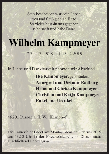 Traueranzeige von Wilhelm Kampmeyer von Neue Osnabrücker Zeitung GmbH & Co. KG