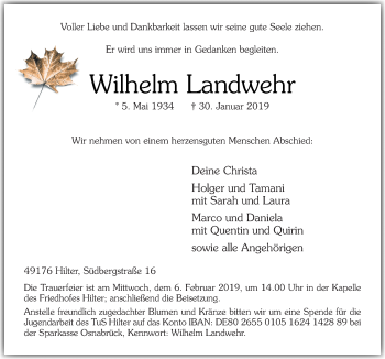 Traueranzeige von Wilhelm Landwehr von Neue Osnabrücker Zeitung GmbH & Co. KG