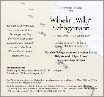 Traueranzeige von Wilhelm Schagemann von Neue Osnabrücker Zeitung GmbH & Co. KG