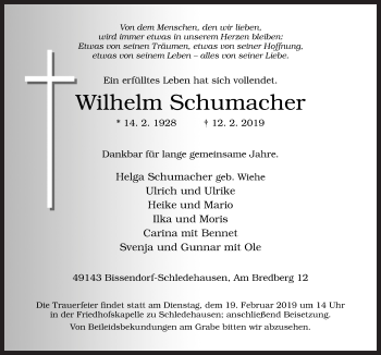 Traueranzeige von Wilhelm Schumacher von Neue Osnabrücker Zeitung GmbH & Co. KG