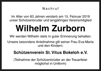 Traueranzeige von Wilhelm Zurborn von Neue Osnabrücker Zeitung GmbH & Co. KG