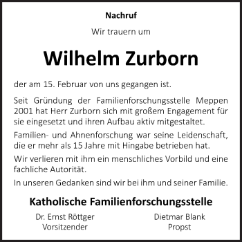 Traueranzeige von Wilhelm Zurborn von Neue Osnabrücker Zeitung GmbH & Co. KG