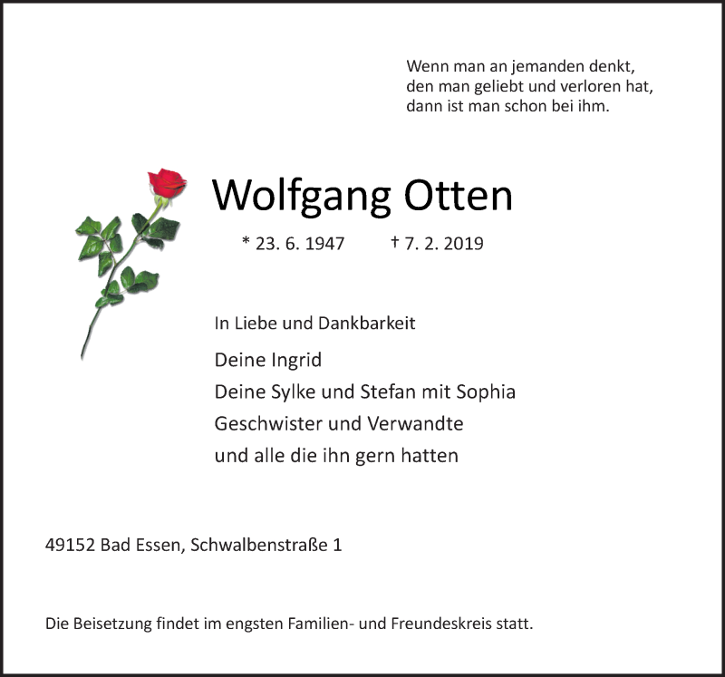  Traueranzeige für Wolfgang Otten vom 13.02.2019 aus Neue Osnabrücker Zeitung GmbH & Co. KG